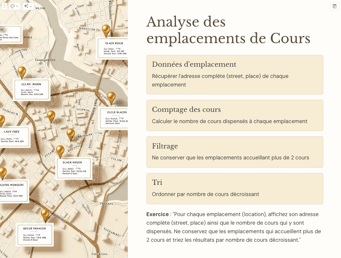 Exemple d'exercice personnalisé - Analyse des emplacements de cours