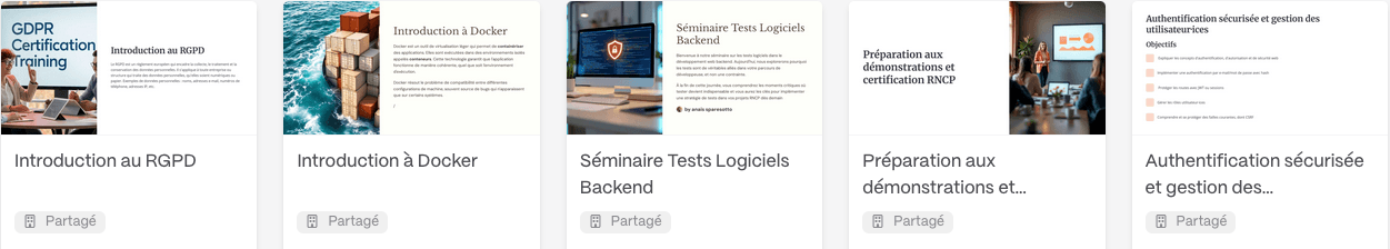 Collection de supports de cours variés : RGPD, Docker, Tests, etc.