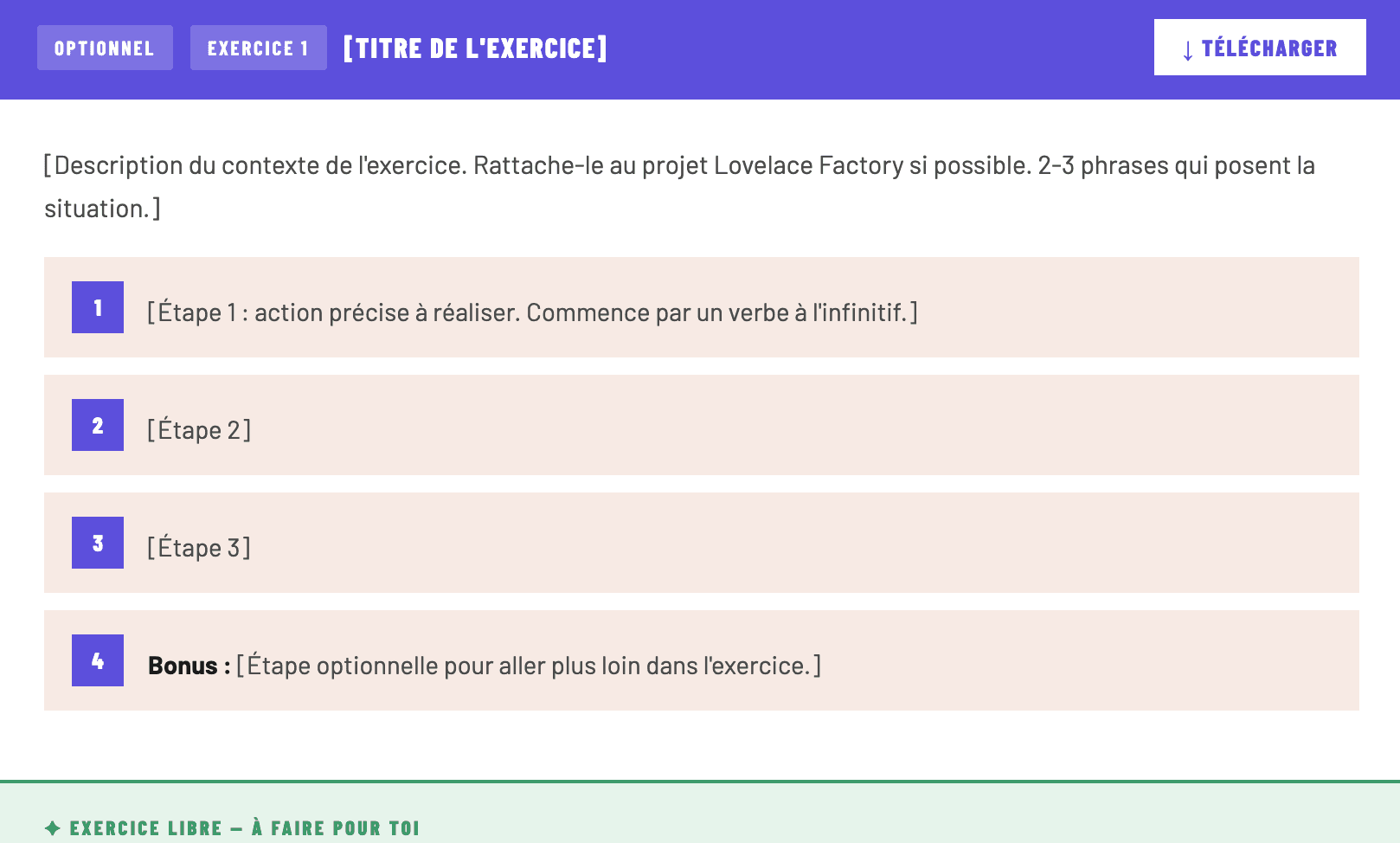 Capture d'écran d'un template d'exercice formaté avec un en-tête violet et 4 étapes structurées