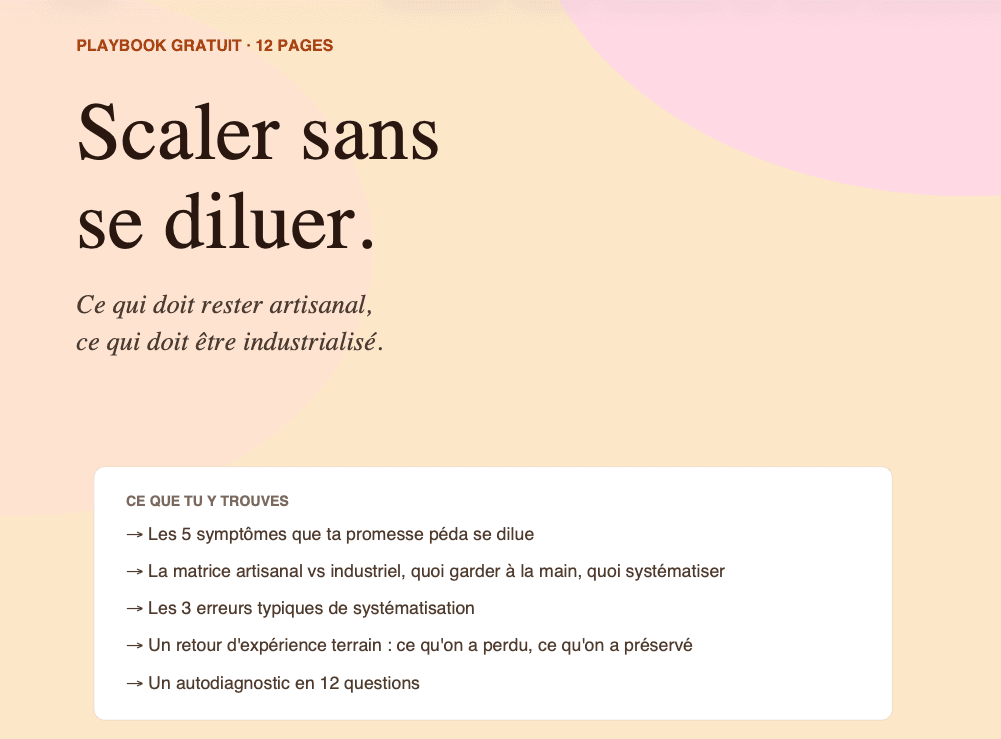 Page d'accueil du playbook : Scaler sans se diluer. Couverture avec le titre, le sous-titre « Ce qui doit rester artisanal, ce qui doit être industrialisé », et l'encart des 5 thèmes abordés.